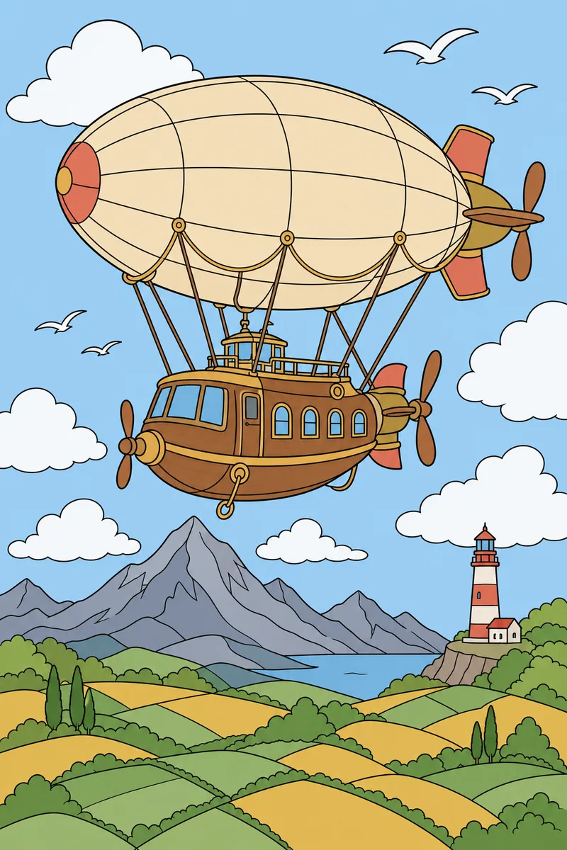 Airship Journey: a colorful airship floating above rooftops and green hills.