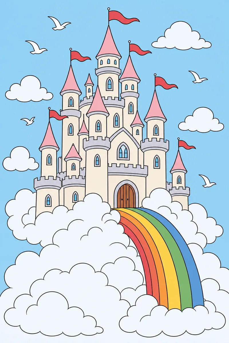 The same Cloud Castle page colored with cream walls, pink roofs, blue skies and a rainbow.