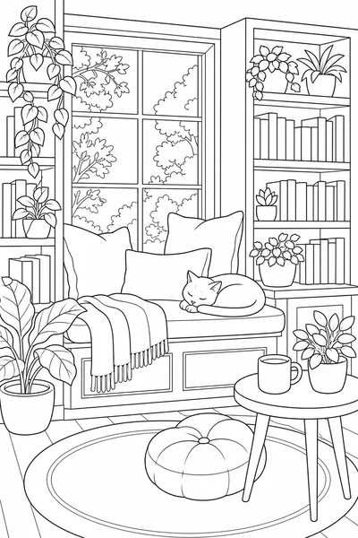 A reading nook with a window seat, cushions and stacked books.