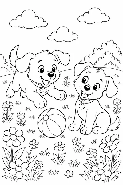 Two puppies playing with a ball in a flowery meadow.
