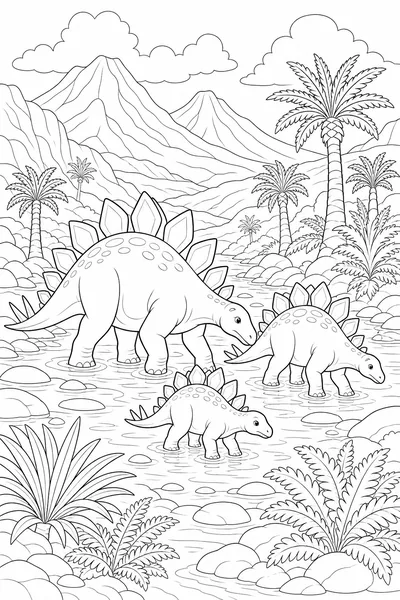 A valley of friendly dinosaurs beneath tall ferns.