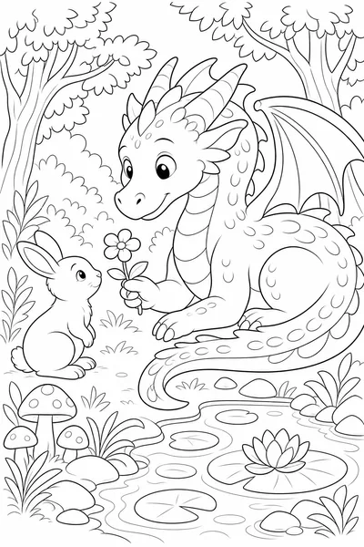 A friendly dragon resting among clouds and crystals.
