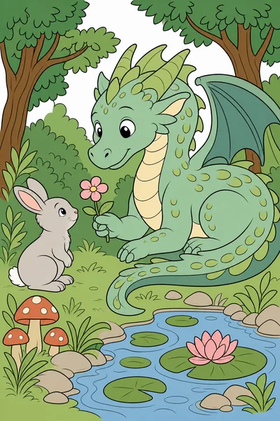 The same page colored with a green dragon, a grey rabbit, a pink flower and a lily pond.