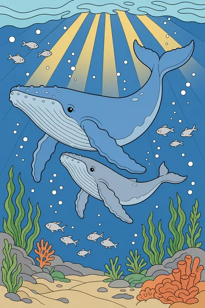 Gentle Whale swimming among bubbles and seaweed.