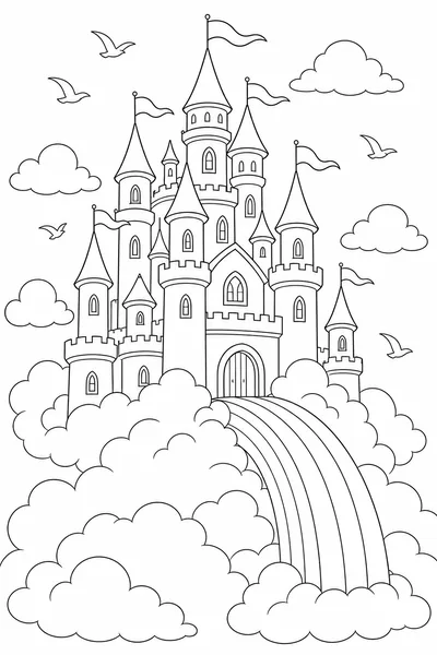 A turreted castle on clouds at the top of a rainbow.