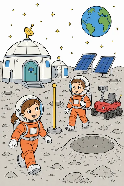 Moon Camp: a lunar lander, tents and craters.