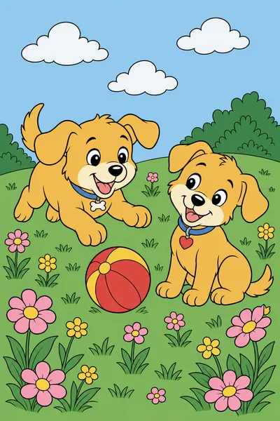 The puppies page filled with golden browns, green grass, and colorful flowers.