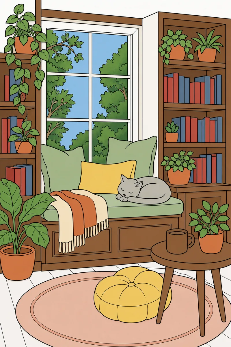 Reading Nook colored with warm greens, cream and terracotta, displayed in an illustrative iPad frame.