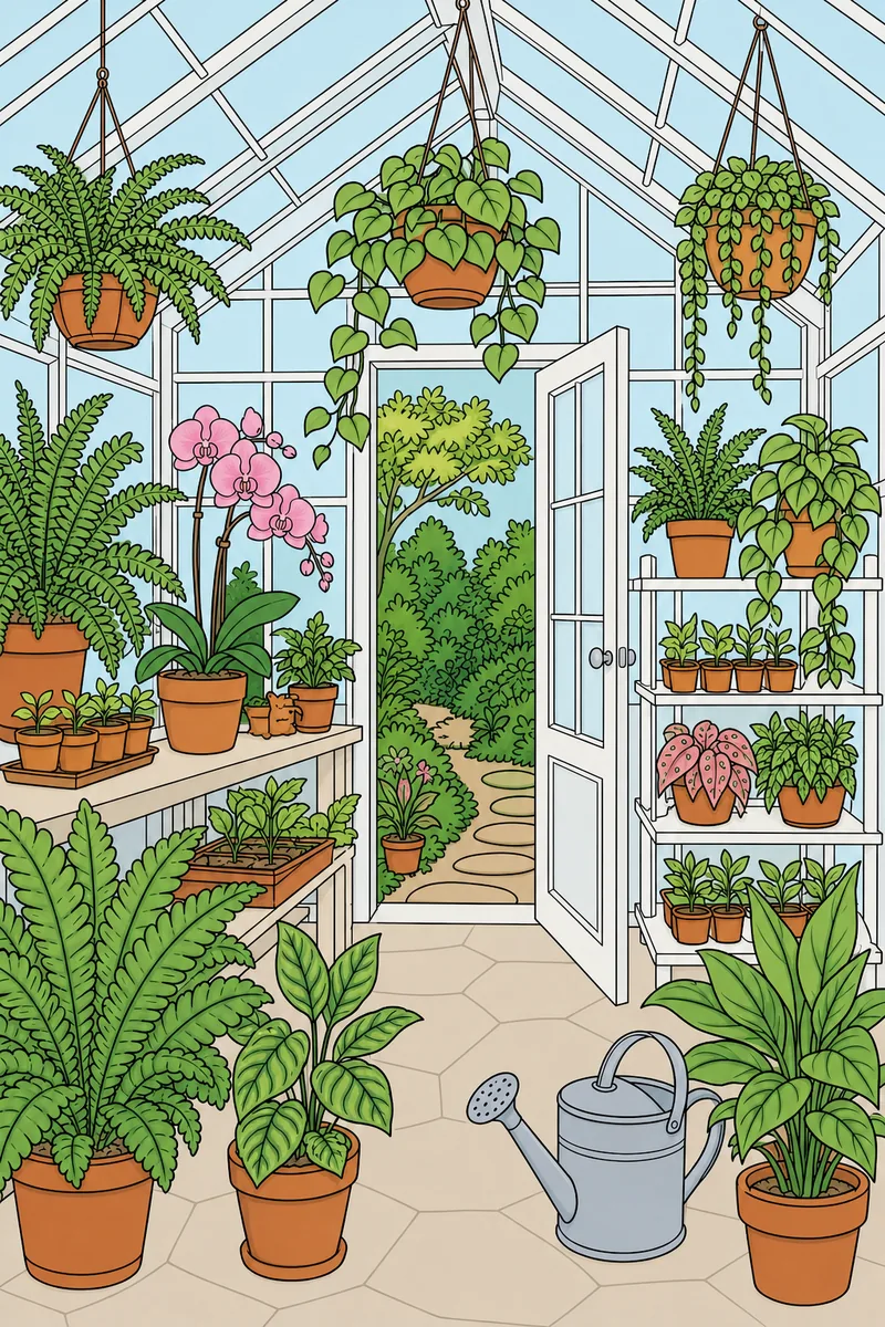 The same greenhouse filled with leafy greens, pink flowers and terracotta pots.