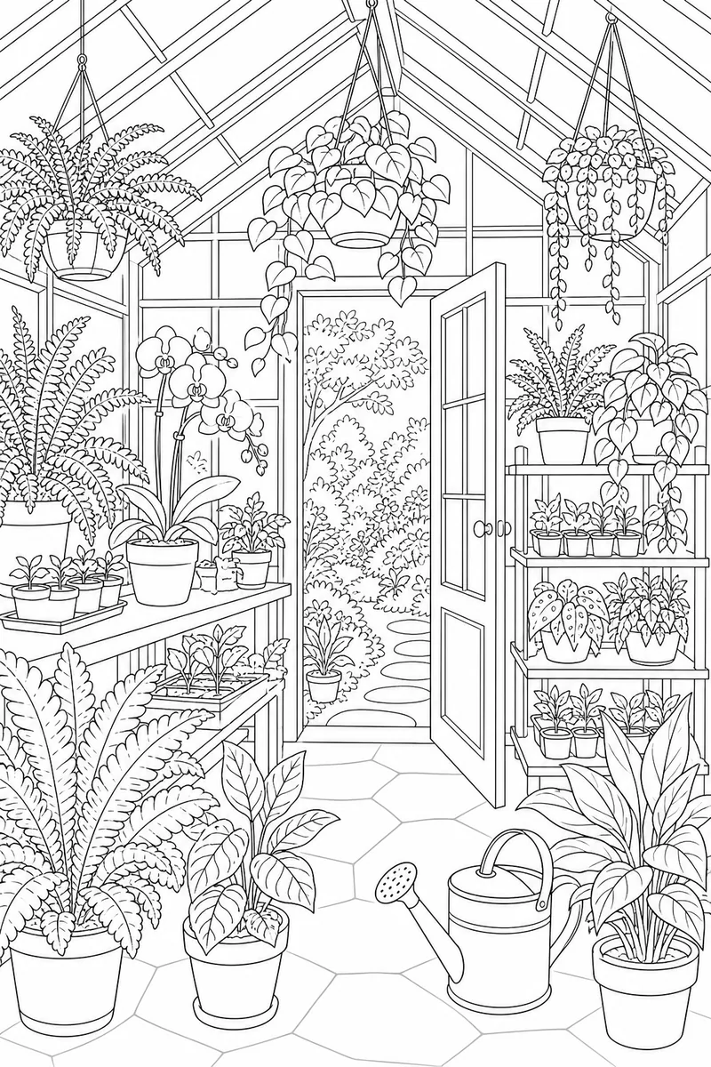 Secret Greenhouse line art: potted plants and climbing vines in a greenhouse.