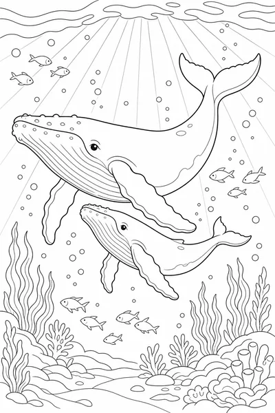 A gentle whale swimming among bubbles and seaweed.